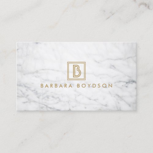 Minimalist White Marble Gold Box Monogram Business Card