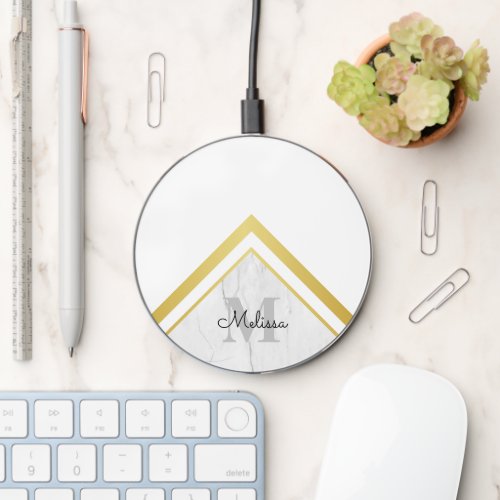 Minimalist White Marble Gold Chevron Name Monogram Wireless Charger