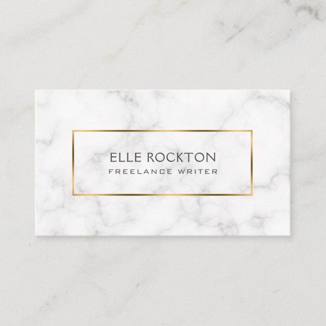 Minimalist White Marble Gold Frame Business Card (Front)