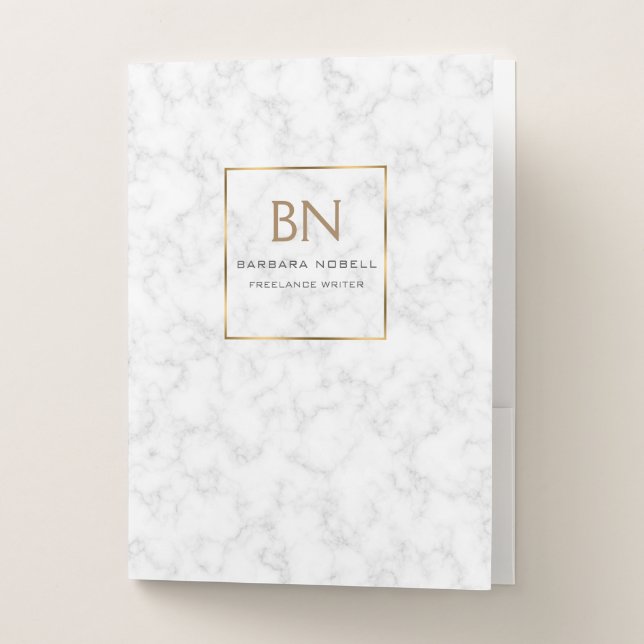 Minimalist White Marble Gold Frame Pocket Folder (Front)