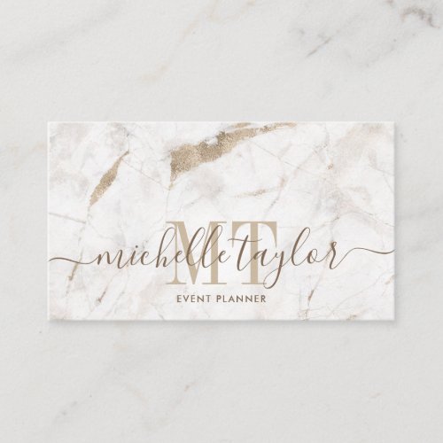 Minimalist white marble  gold monogram business card