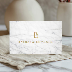 Minimalist White Marble Gold Monogram Business Card