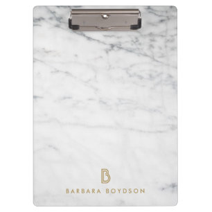 Minimalist White Marble Gold Monogram Clipboard