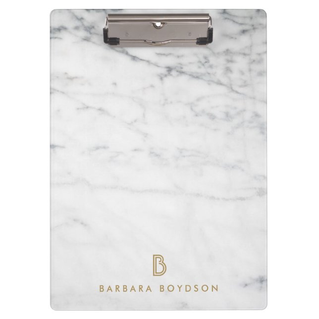 Minimalist White Marble Gold Monogram Clipboard (Front)