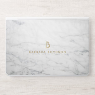 Minimalist White Marble Gold Monogram HP Laptop Skin