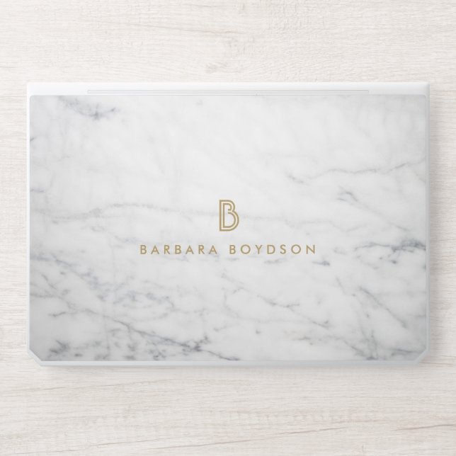 Minimalist White Marble Gold Monogram HP Laptop Skin (Front)