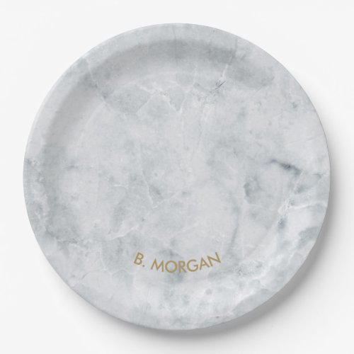 Minimalist White Marble Gold Monogram Paper Plates