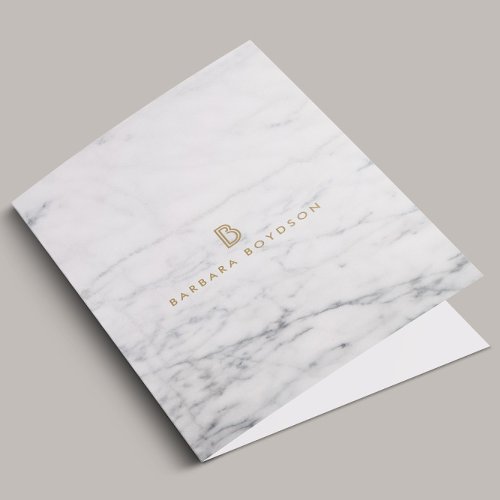 Minimalist White Marble Gold Monogram Pocket Folder