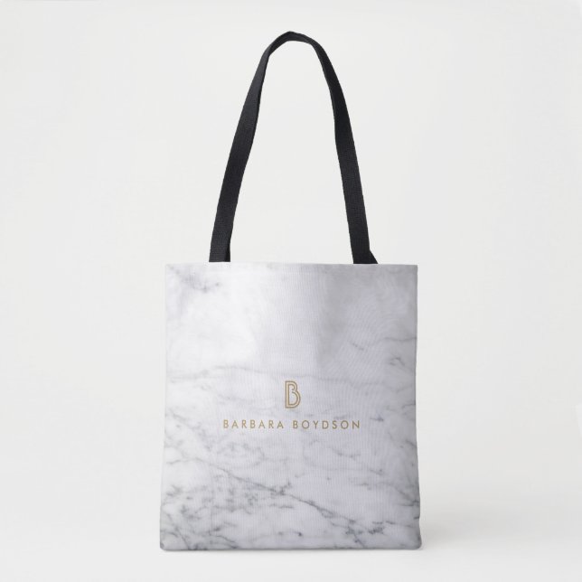 Minimalist White Marble Gold Monogram Tote Bag (Front)