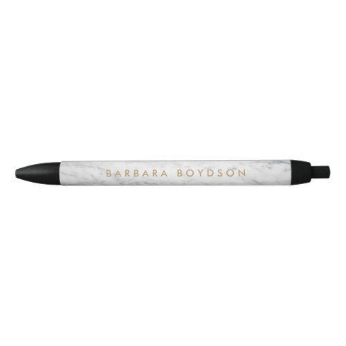 Minimalist White Marble Gold Name Personalized Black Ink Pen