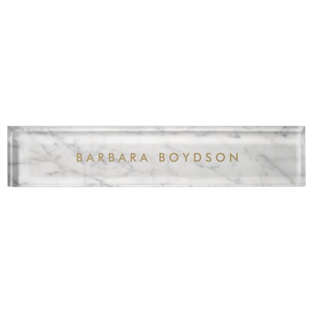 Minimalist White Marble Gold Name Personalized Nameplate (Front)