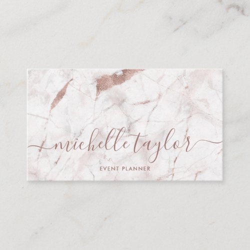 Minimalist white marble rose gold signature script business card
