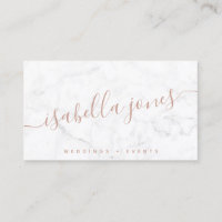 Minimalist white marble rose gold signature script business card