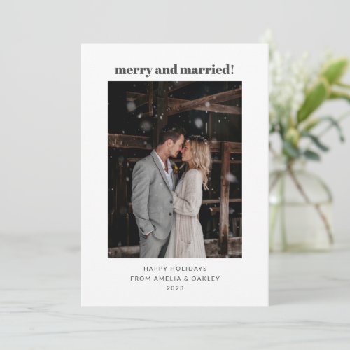 Minimalist White Merry Married Christmas Photo Holiday Card