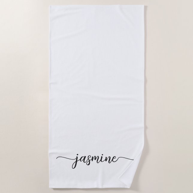 Minimalist White Monogram Name Huge Script Beach Towel (Front)