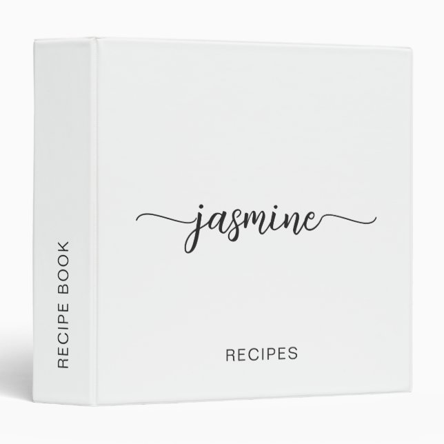 Minimalist White Monogram Script Cookbook Recipe 3 Ring Binder (Front/Spine)