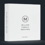Minimalist White Monogrammed Family Recipe 3 Ring Binder<br><div class="desc">Modern recipe binder features a minimal design in a white and gray color palette. Custom family name presented in the center in stylish simple font with a complimentary minimal monogram medallion. Shown with a custom name and monogram initial on the front in modern typography, this personalized family recipe binder is...</div>