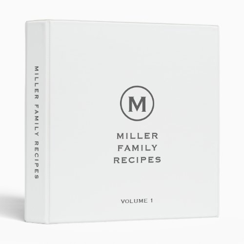 Minimalist White Monogrammed Family Recipe 3 Ring Binder