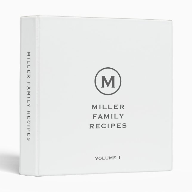 Minimalist White Monogrammed Family Recipe 3 Ring Binder (Front/Spine)