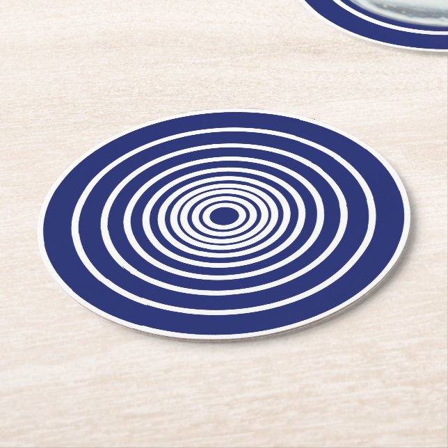 Minimalist white navy blue circles stripes pattern round paper coaster (Angled)