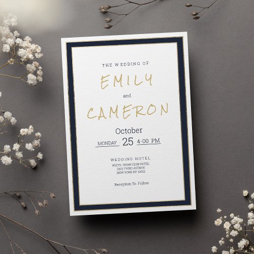 Minimalist white navy blue gold geometric Wedding  Invitation