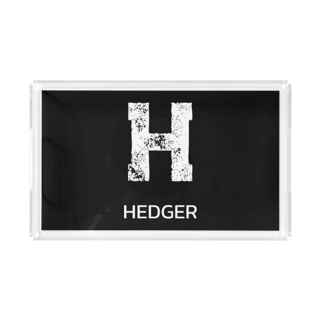 MINIMALIST WHITE ONE LETTER MONOGRAM NAME BLACK ACRYLIC TRAY (Front)