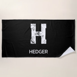 MINIMALIST WHITE ONE LETTER MONOGRAM NAME BLACK BEACH TOWEL