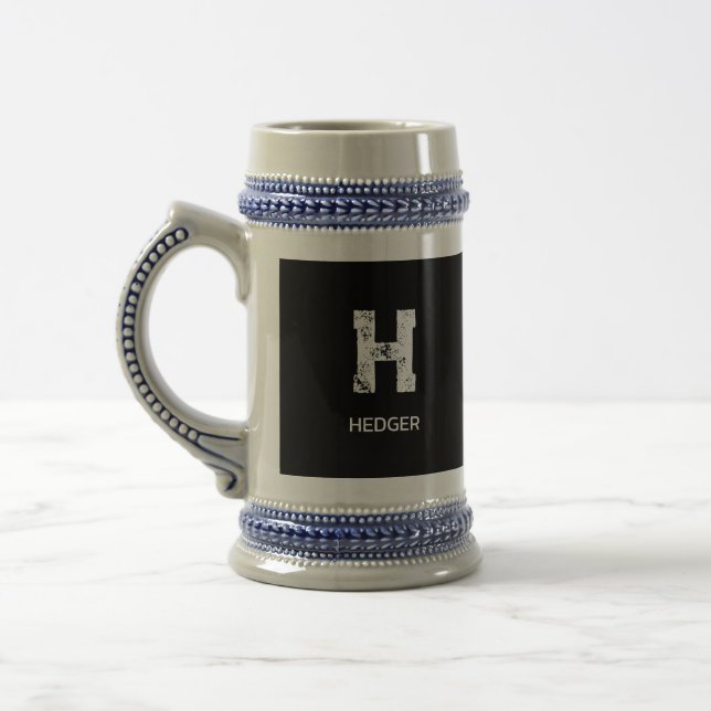 MINIMALIST WHITE ONE LETTER MONOGRAM NAME BLACK BEER STEIN (Left)
