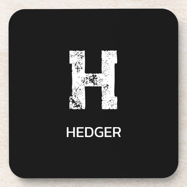 MINIMALIST WHITE ONE LETTER MONOGRAM NAME BLACK BEVERAGE COASTER (Front)