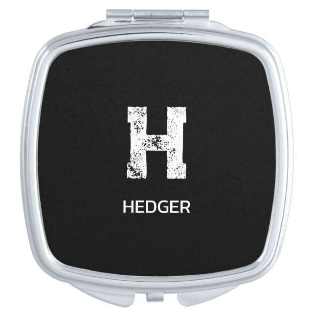 MINIMALIST WHITE ONE LETTER MONOGRAM NAME BLACK COMPACT MIRROR (Front)