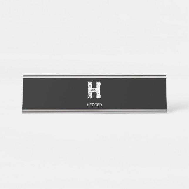MINIMALIST WHITE ONE LETTER MONOGRAM NAME BLACK  DESK NAME PLATE (Front)