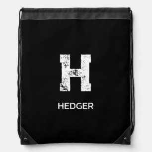 MINIMALIST WHITE ONE LETTER MONOGRAM NAME BLACK DRAWSTRING BAG