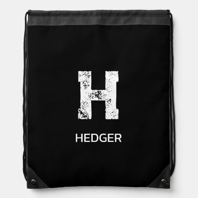 MINIMALIST WHITE ONE LETTER MONOGRAM NAME BLACK DRAWSTRING BAG (Front)