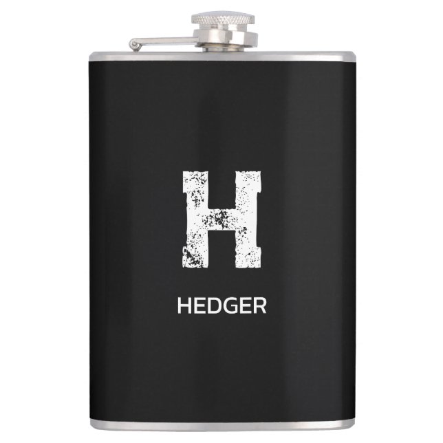 MINIMALIST WHITE ONE LETTER MONOGRAM NAME BLACK FLASK (Front)