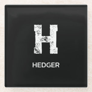 MINIMALIST WHITE ONE LETTER MONOGRAM NAME BLACK GLASS COASTER