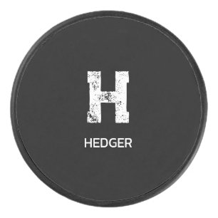 MINIMALIST WHITE ONE LETTER MONOGRAM NAME BLACK  HOCKEY PUCK