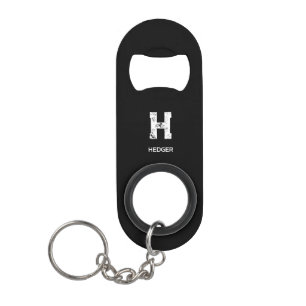 MINIMALIST WHITE ONE LETTER MONOGRAM NAME BLACK KEYCHAIN BOTTLE OPENER