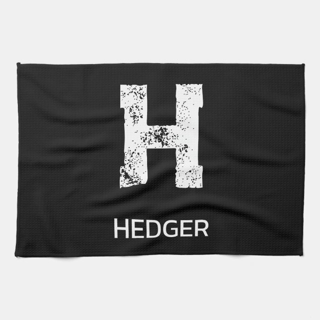 MINIMALIST WHITE ONE LETTER MONOGRAM NAME BLACK  KITCHEN TOWEL (Horizontal)