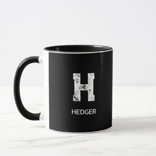 MINIMALIST WHITE ONE LETTER MONOGRAM NAME BLACK MUG (Left)