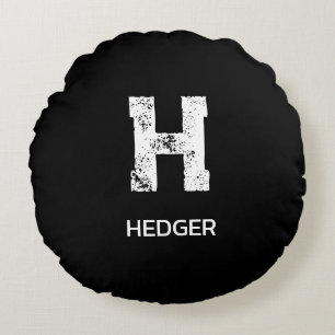 MINIMALIST WHITE ONE LETTER MONOGRAM NAME BLACK ROUND PILLOW