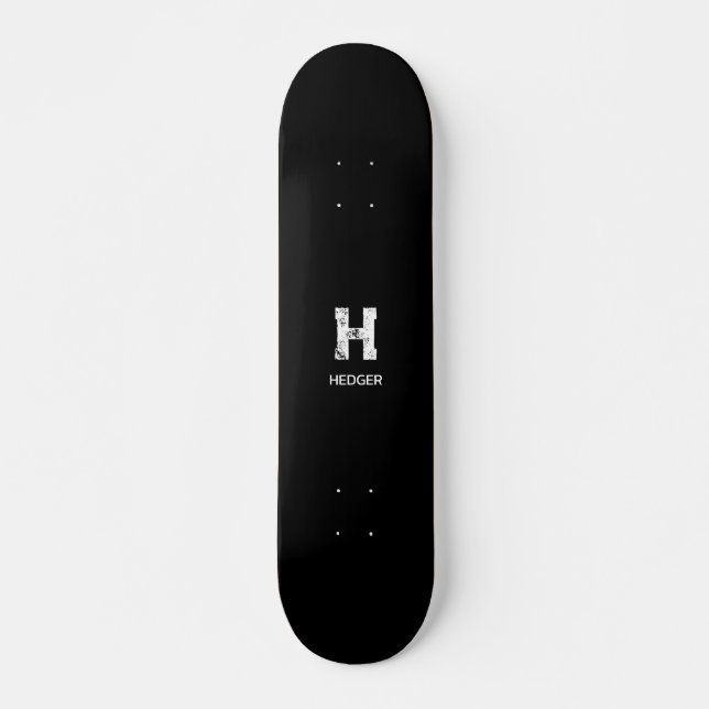 MINIMALIST WHITE ONE LETTER MONOGRAM NAME BLACK  SKATEBOARD (Front)