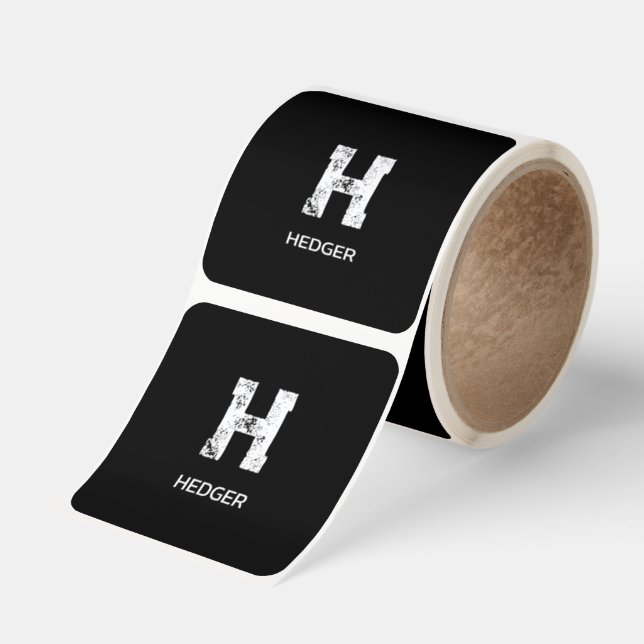 MINIMALIST WHITE ONE LETTER MONOGRAM NAME BLACK SQUARE STICKER (Roll)
