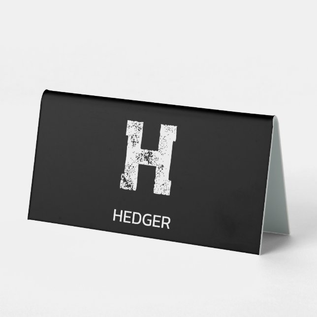 MINIMALIST WHITE ONE LETTER MONOGRAM NAME BLACK  TABLE TENT (Front)