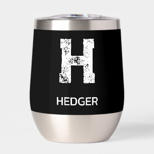 MINIMALIST WHITE ONE LETTER MONOGRAM NAME BLACK THERMAL WINE TUMBLER