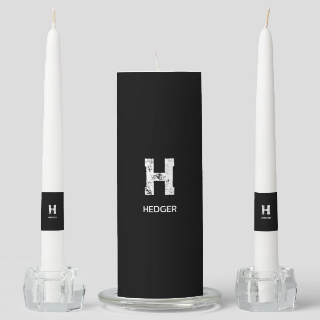 MINIMALIST WHITE ONE LETTER MONOGRAM NAME BLACK UNITY CANDLE SET (Front)