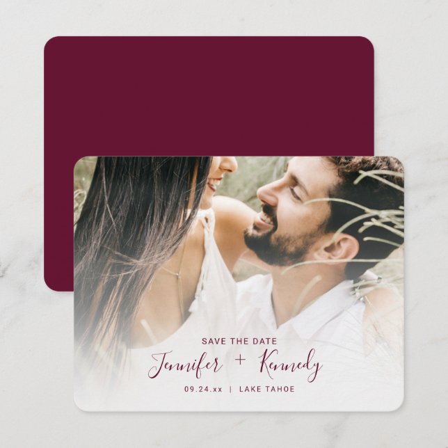 Minimalist White Overlay Burgundy Script & Photo Save The Date (Front/Back)