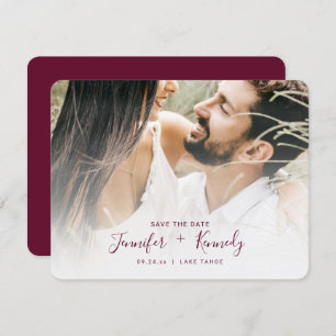 Minimalist White Overlay Burgundy Script & Photo Save The Date