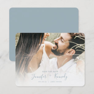 Minimalist White Overlay Dusty Blue Script & Photo Save The Date