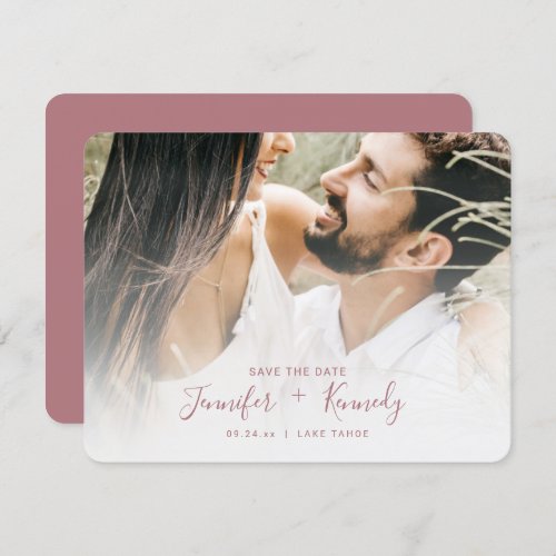 Minimalist White Overlay Dusty Rose Script  Photo Save The Date
