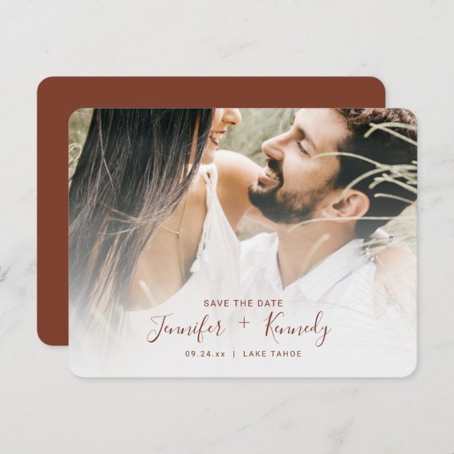 Minimalist White Overlay Paprika Script & Photo Save The Date (Front/Back)